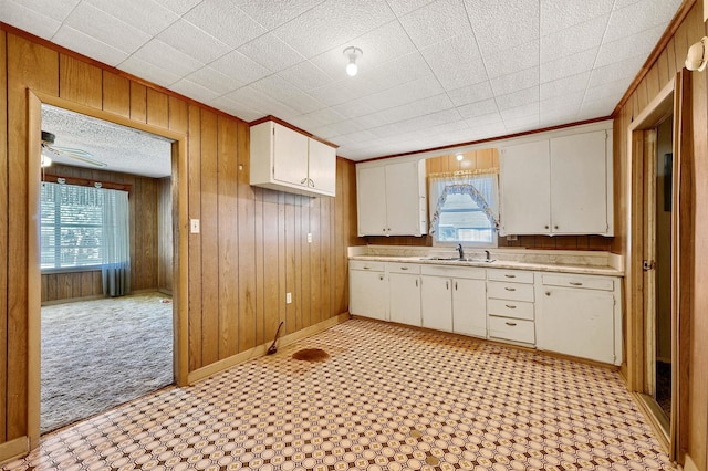 kitchen featuring white cabinets, ceiling fan, light colored carpet, and sink