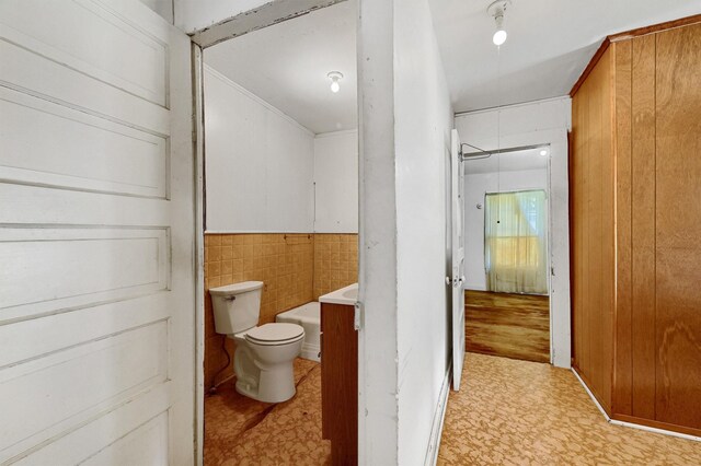 bathroom with tile walls, wood-type flooring, toilet, and vanity