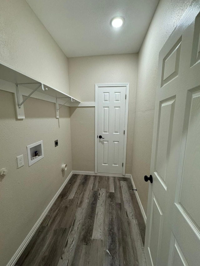 laundry room with wood finished floors, electric dryer hookup, baseboards, laundry area, and washer hookup