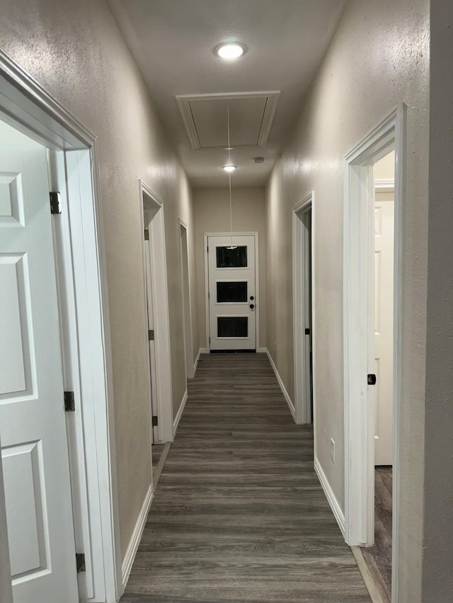 corridor featuring attic access, baseboards, dark wood-style floors, and a textured wall