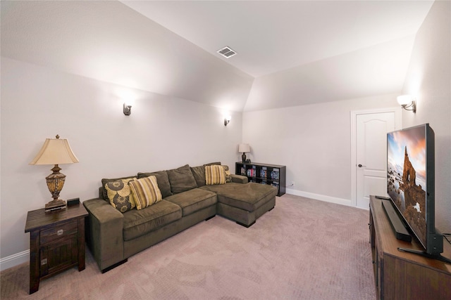 living room with light carpet and lofted ceiling