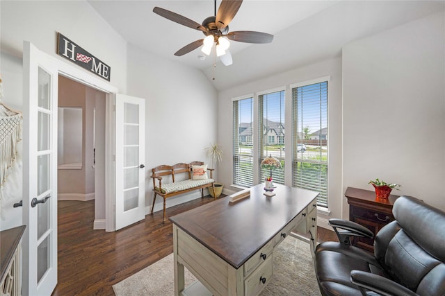 office area featuring lofted ceiling, ceiling fan, dark wood-type flooring, and french doors