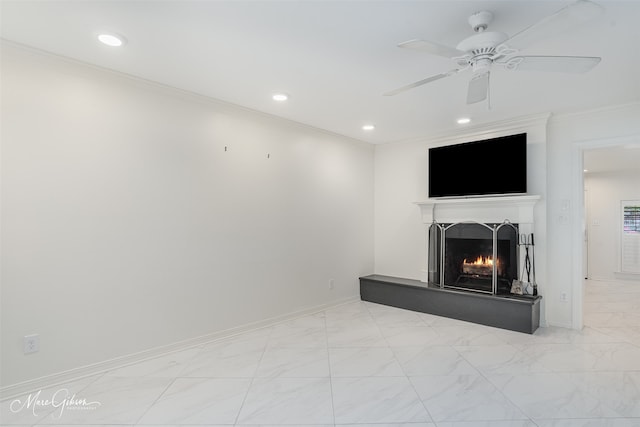 unfurnished living room with baseboards, a lit fireplace, recessed lighting, and crown molding