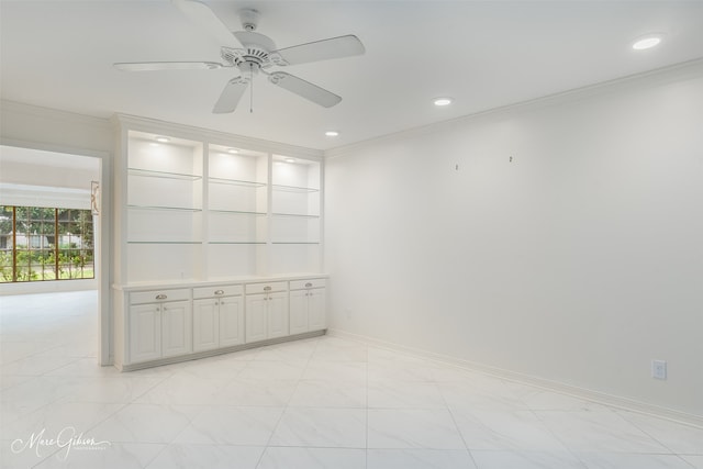 empty room featuring baseboards, recessed lighting, a ceiling fan, and crown molding