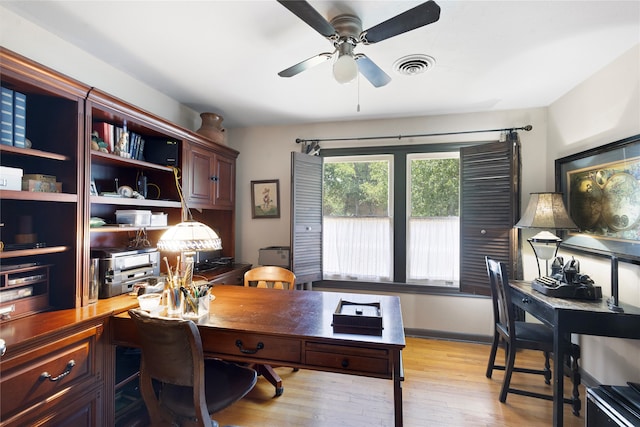 home office featuring light hardwood / wood-style flooring and ceiling fan