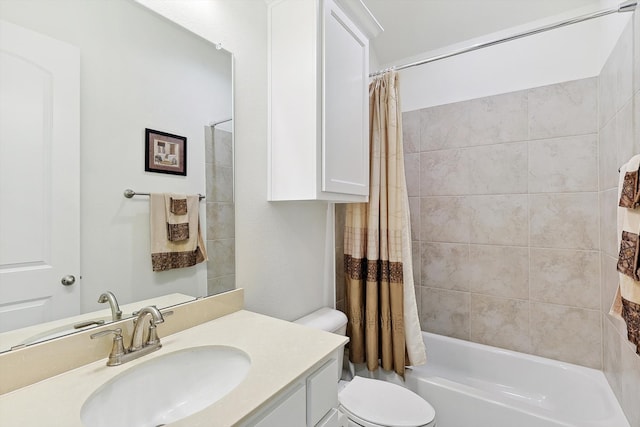 full bathroom with vanity, toilet, and shower / bathtub combination with curtain