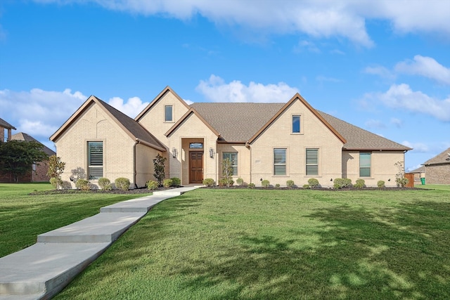 french country inspired facade with a front lawn