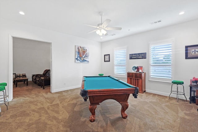 rec room featuring ceiling fan, billiards, and light carpet