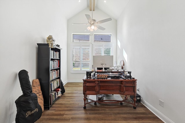 office area featuring ceiling fan, dark hardwood / wood-style flooring, beamed ceiling, and high vaulted ceiling