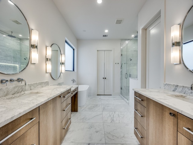 bathroom with plus walk in shower and vanity