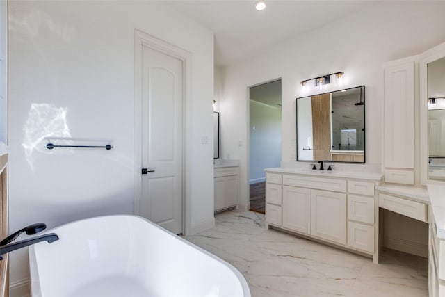 1140 Macgregor Ln, Gunter, TX 75058 - full bathroom with vanity, a freestanding tub, marble finish floors, recessed lighting, and a shower