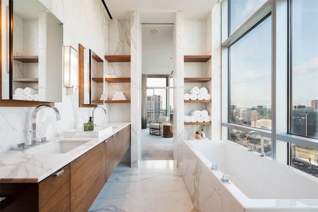 bathroom with vanity, a healthy amount of sunlight, and a bathtub