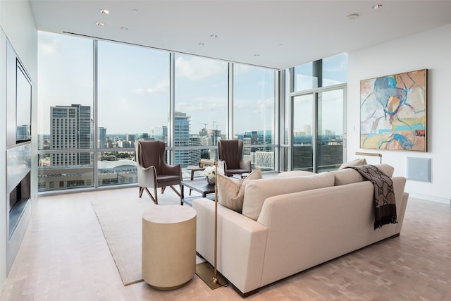 living room with floor to ceiling windows