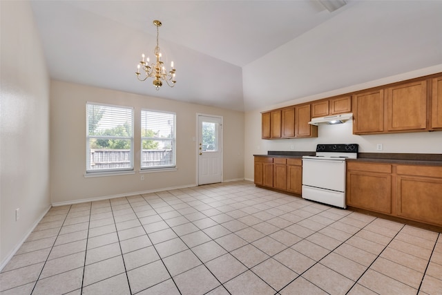 kitchen with hanging light fixtures, light tile patterned floors, white range with electric cooktop, and an inviting chandelier