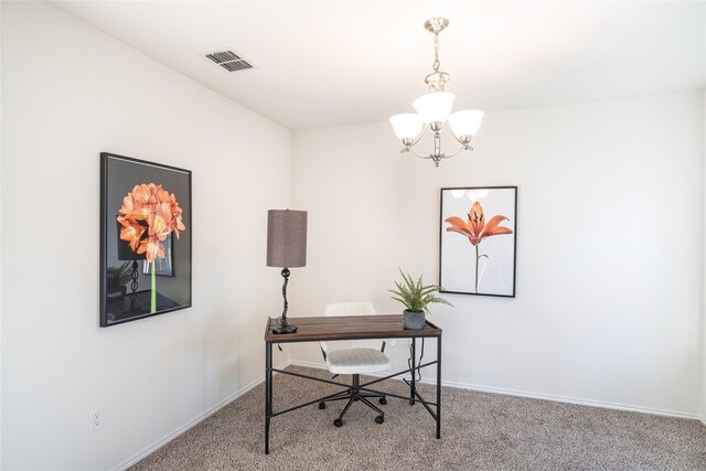 carpeted office space with a chandelier