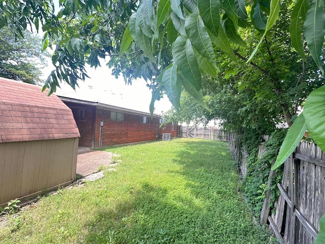 view of yard featuring cooling unit and a shed