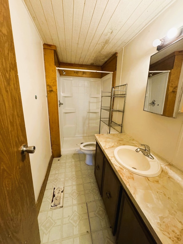 bathroom with walk in shower, toilet, wood ceiling, and vanity