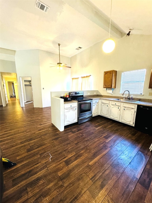 kitchen featuring beamed ceiling, dark wood-type flooring, sink, ceiling fan, and stainless steel range with electric cooktop