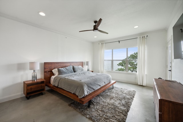 bedroom with ornamental molding and ceiling fan