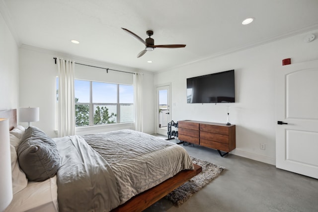 bedroom featuring ornamental molding and ceiling fan