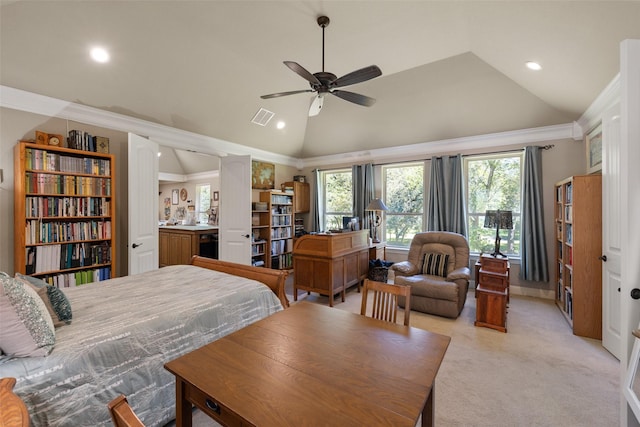 bedroom with crown molding, light colored carpet, visible vents, and vaulted ceiling