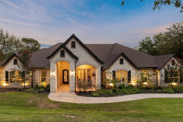 french country style house with a yard and roof with shingles