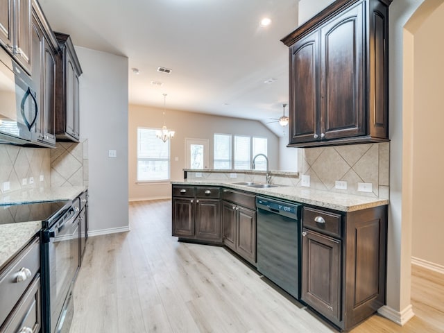 kitchen featuring dishwasher, stainless steel electric range oven, light wood-type flooring, and dark brown cabinetry