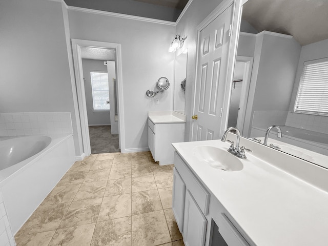 bathroom featuring crown molding, vanity, a bath, and tile patterned flooring