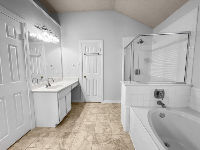 bathroom featuring vanity, lofted ceiling, plus walk in shower, and a textured ceiling