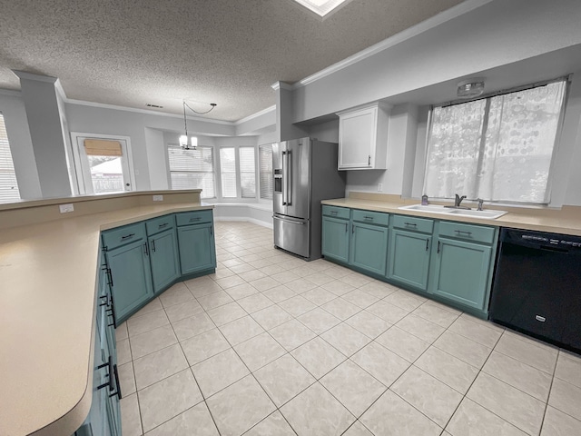 kitchen featuring a chandelier, stainless steel fridge, black dishwasher, pendant lighting, and ornamental molding