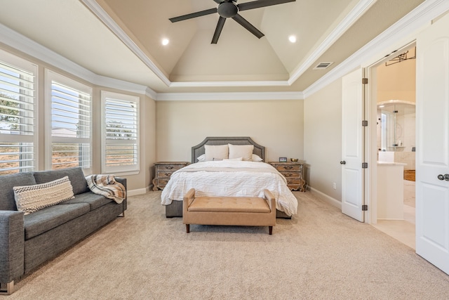 carpeted bedroom featuring ensuite bath, ornamental molding, high vaulted ceiling, and ceiling fan