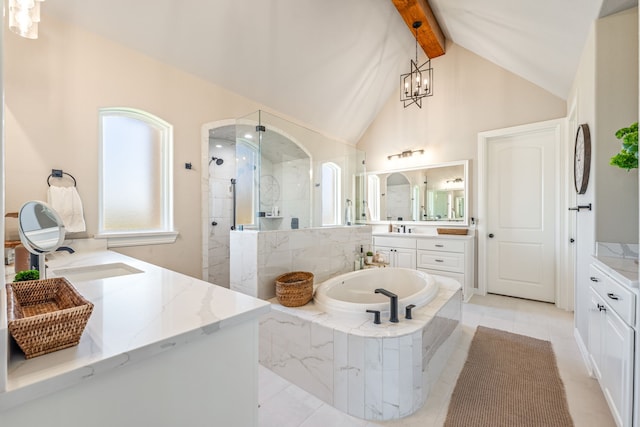 bathroom featuring a notable chandelier, tile patterned flooring, vanity, independent shower and bath, and vaulted ceiling with beams