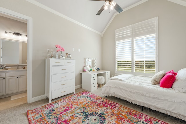 bedroom with light carpet, ornamental molding, sink, ceiling fan, and lofted ceiling