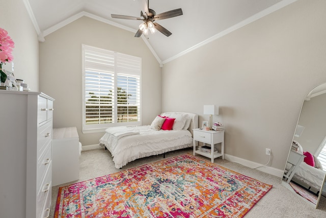 bedroom featuring crown molding, vaulted ceiling, ceiling fan, and multiple windows