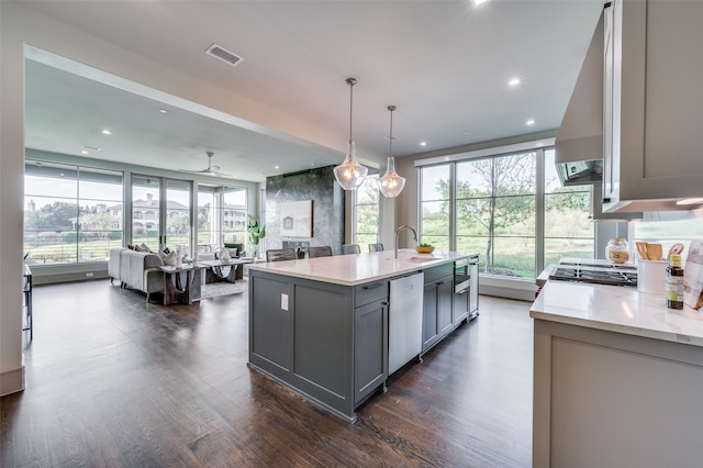 kitchen featuring gray cabinets, stainless steel appliances, a center island with sink, and a wealth of natural light