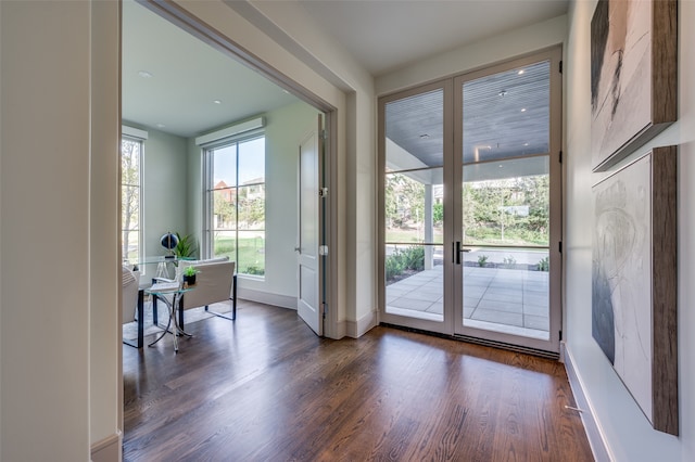 doorway with dark hardwood / wood-style floors and french doors