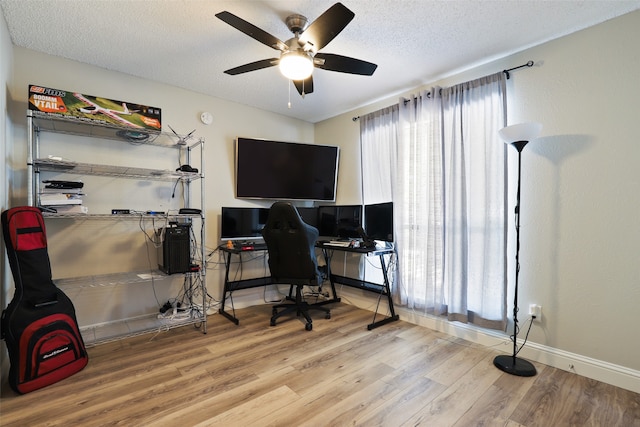 office area with wood-type flooring, ceiling fan, and a textured ceiling