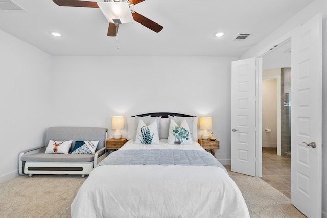 carpeted bedroom with ceiling fan