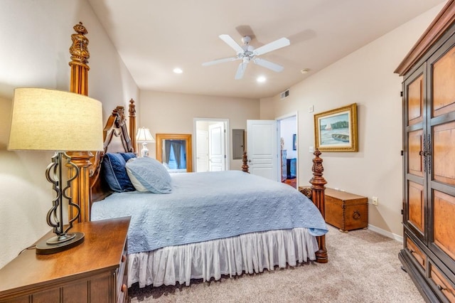 bedroom featuring light carpet and ceiling fan