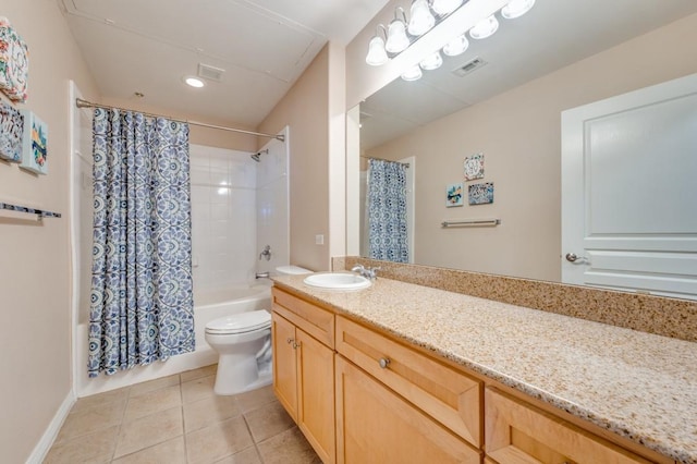 full bathroom with toilet, shower / bath combo, vanity, and tile patterned floors