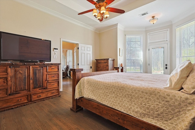 bedroom with crown molding, dark wood-type flooring, ceiling fan, and access to outside