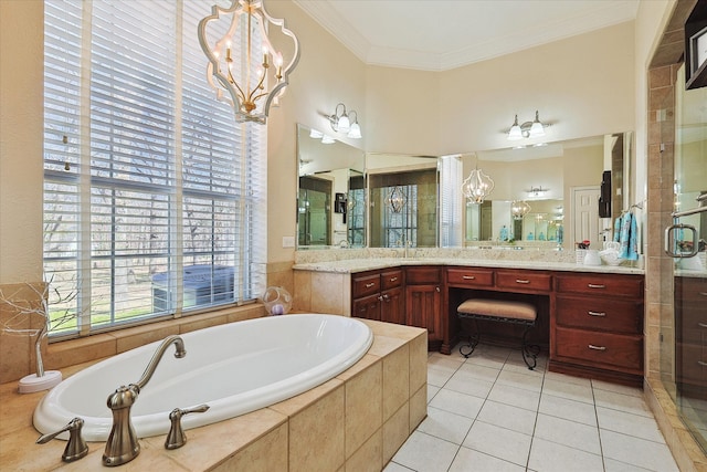 bathroom with vanity, ornamental molding, a chandelier, and plus walk in shower