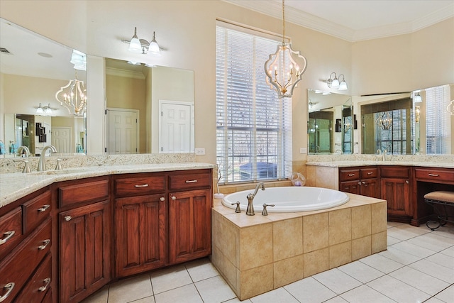 bathroom with vanity, tile patterned flooring, a notable chandelier, and tiled bath