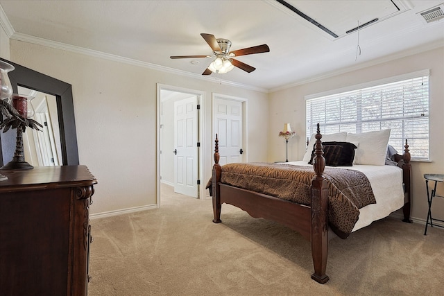 bedroom with crown molding, light colored carpet, and ceiling fan