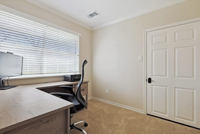 carpeted home office with crown molding