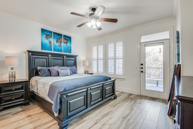 bedroom featuring ceiling fan, ornamental molding, access to outside, and light hardwood / wood-style flooring