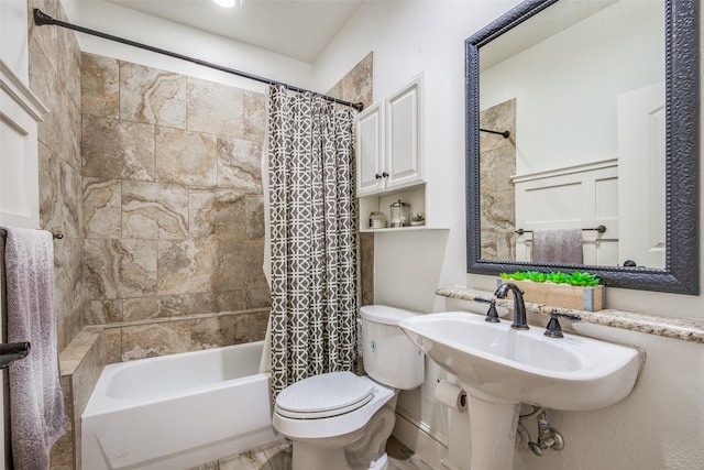 bathroom featuring toilet and shower / bath combination with curtain