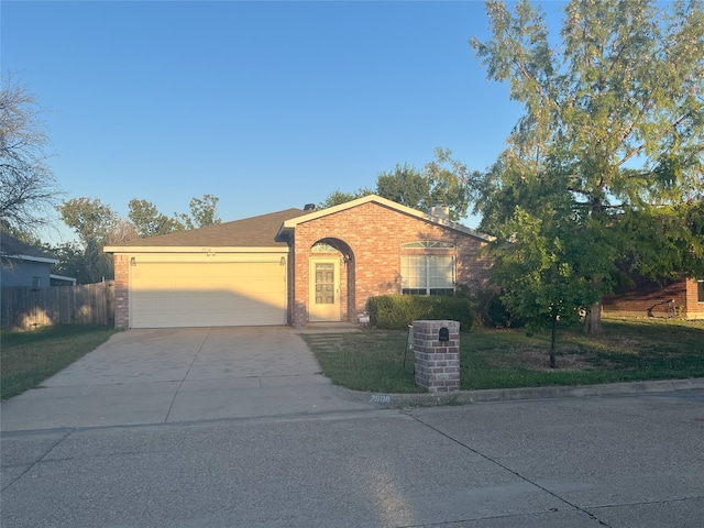 single story home featuring a front yard, central air condition unit, and a garage