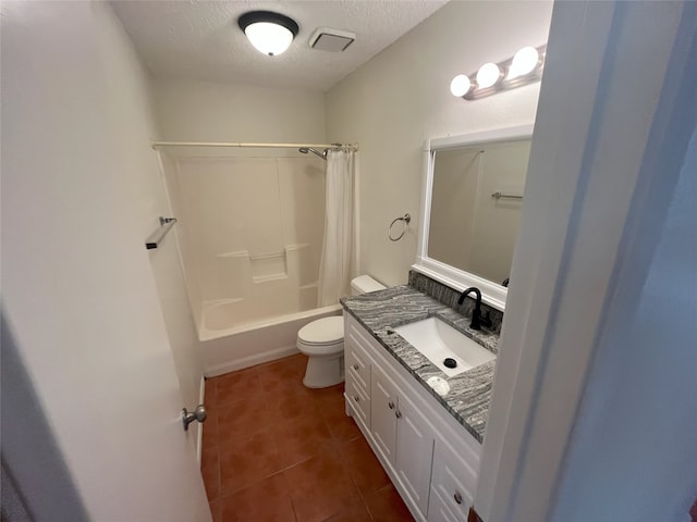 full bathroom with a textured ceiling, shower / bathtub combination with curtain, tile patterned floors, vanity, and toilet