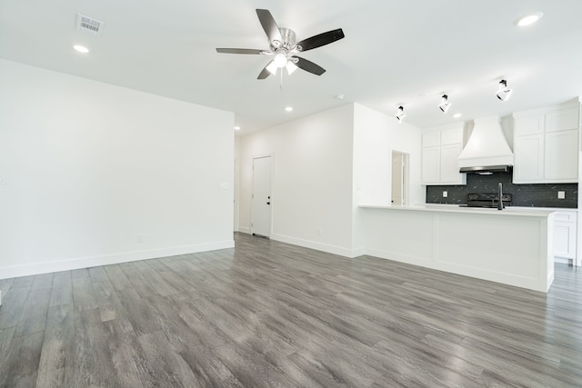 kitchen with white cabinetry, kitchen peninsula, premium range hood, ceiling fan, and hardwood / wood-style flooring